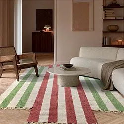 Unregelmäßiger Wollteppich - Kystaro (cremefarben/grün/rot)
