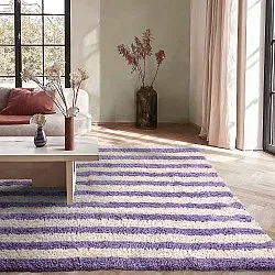 Hochflorteppiche - Thira Stripe Cotton Shaggy (creme/hellviolett)