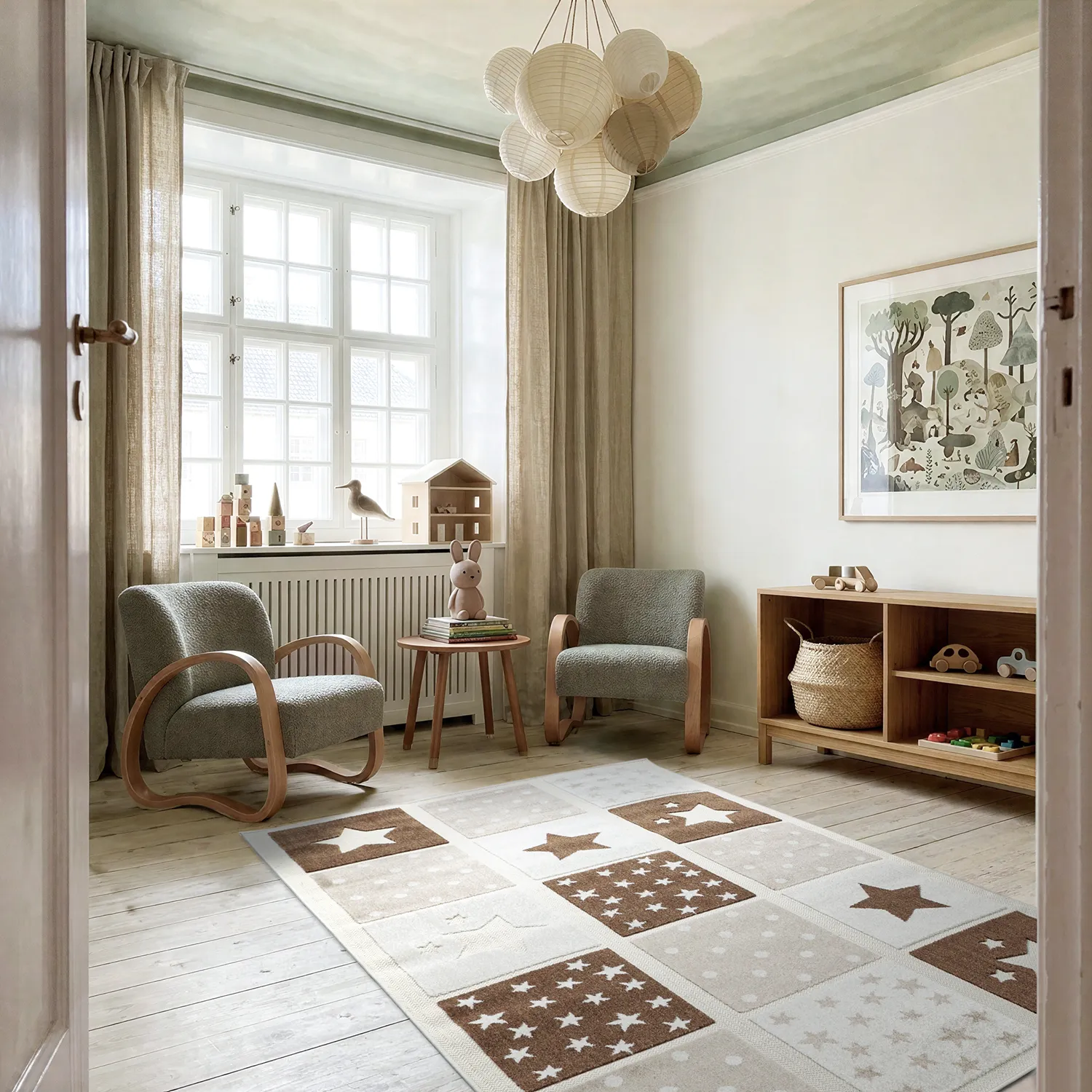 Kinderteppich - Star Grid (creme/braun)