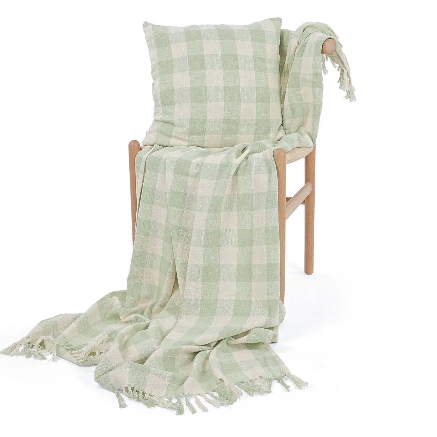 Kissenbezug - Isela check cotton cushion cover (cremefarben/hellgrün)