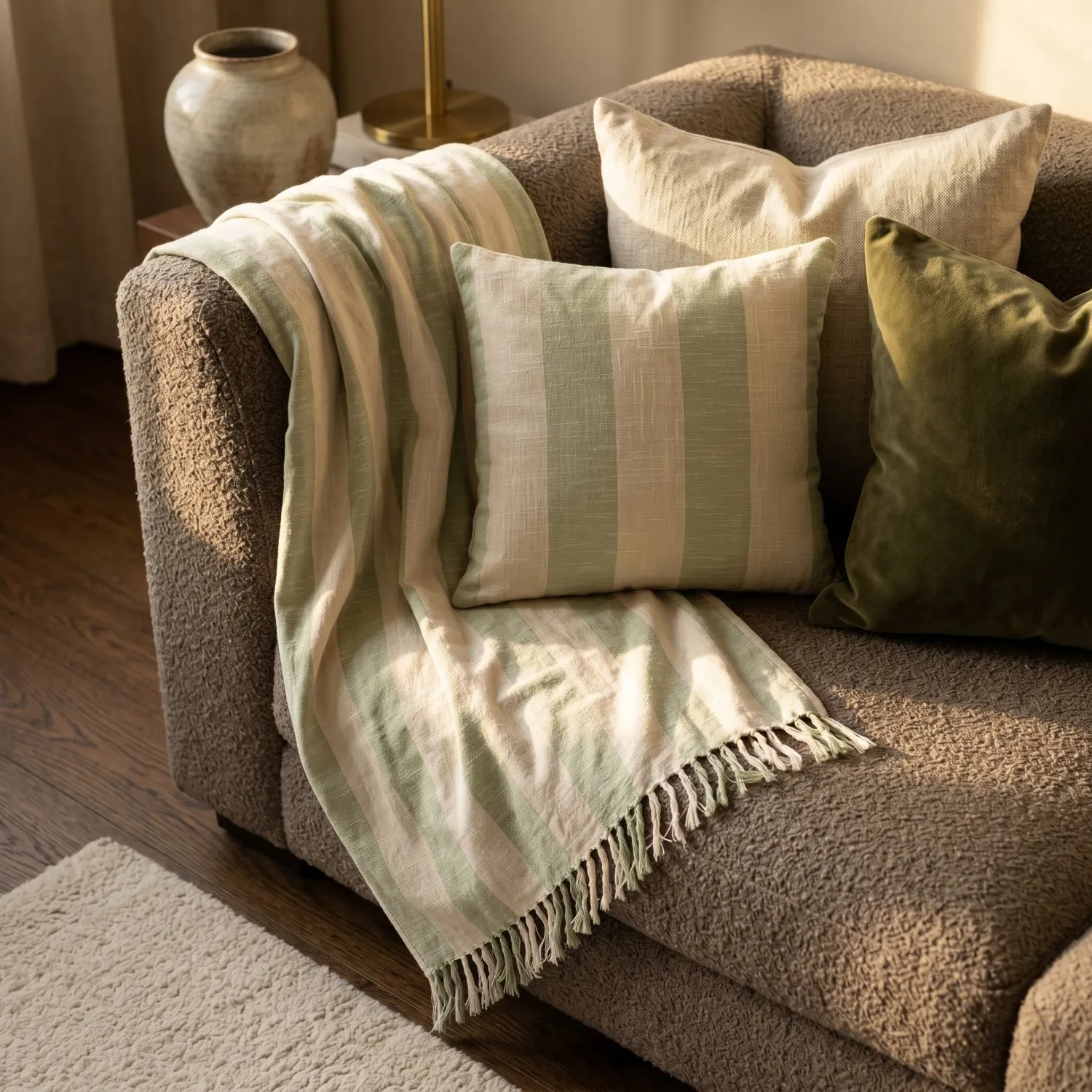 Kissenbezug - Kora stripe cotton cushion cover (cremefarben/hellgrün)