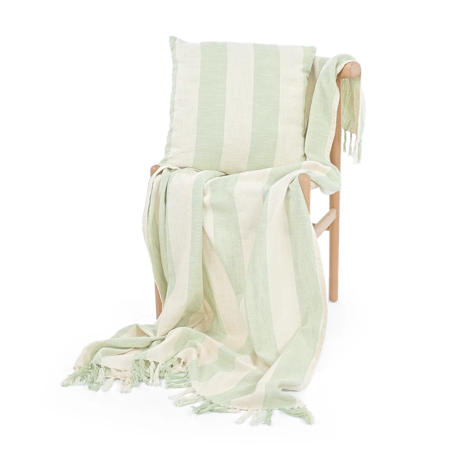Decken - Kora stripe cotton throw (cremefarben/hellgrün)