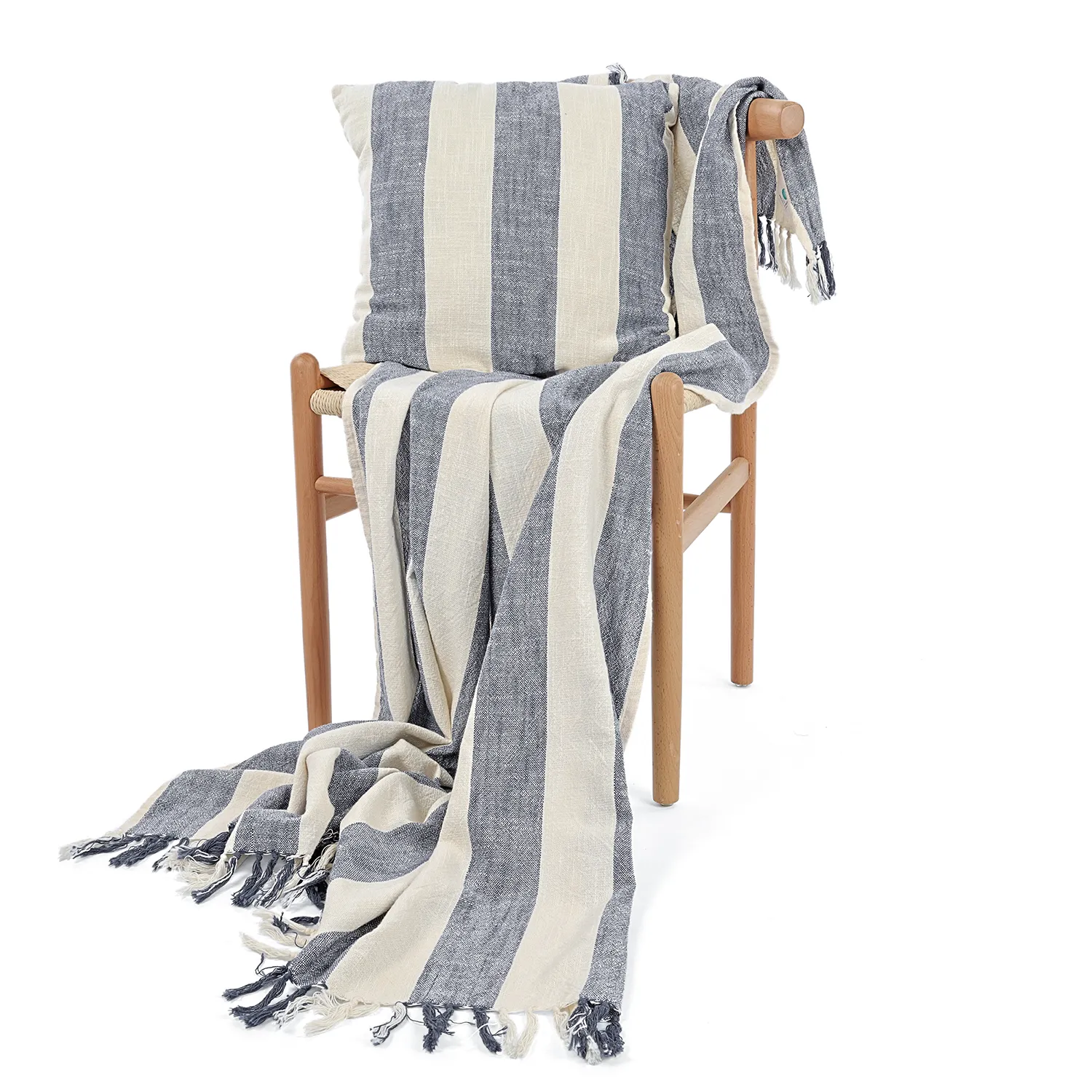 Decken - Kora stripe cotton throw (creme/marineblau)