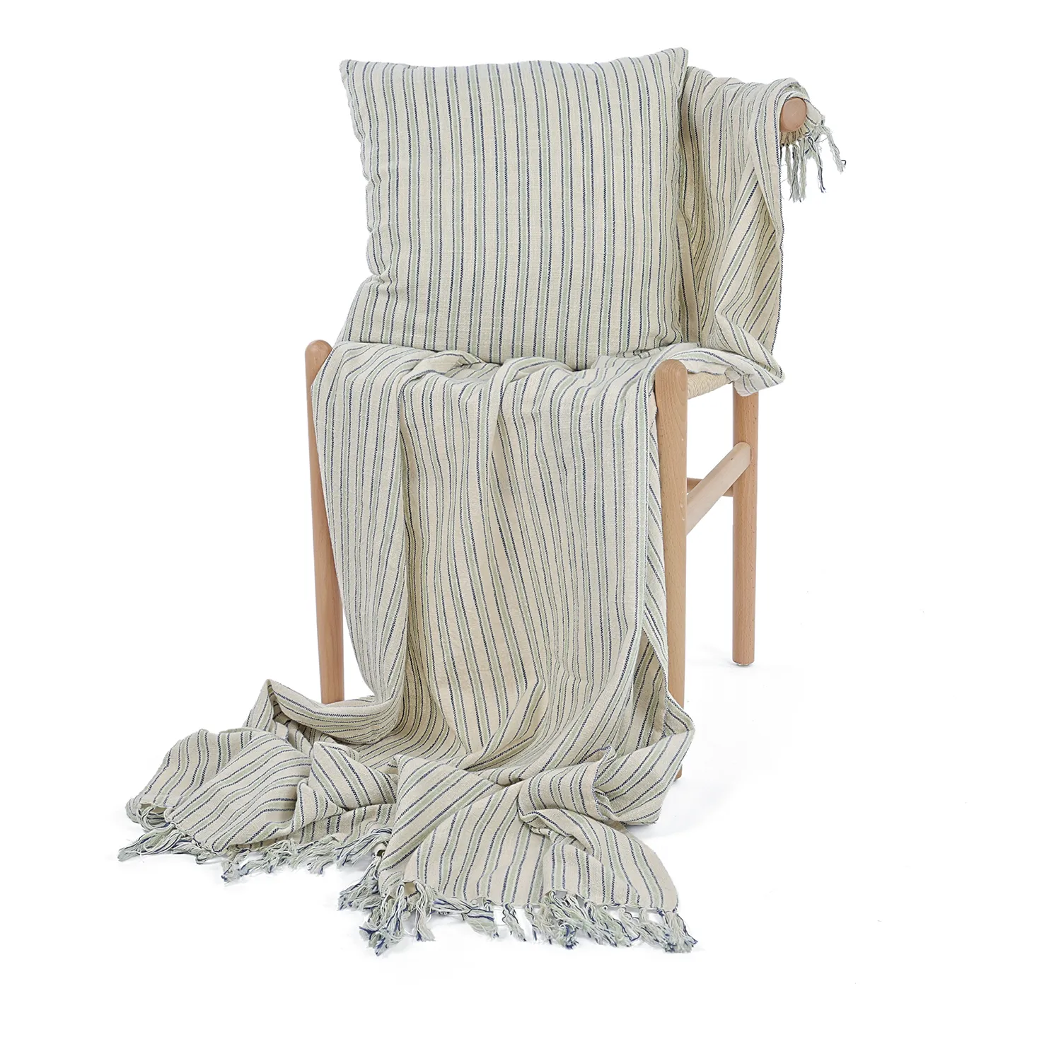 Decken - Rumi stripe cotton throw (creme/marineblau/hellgrün)
