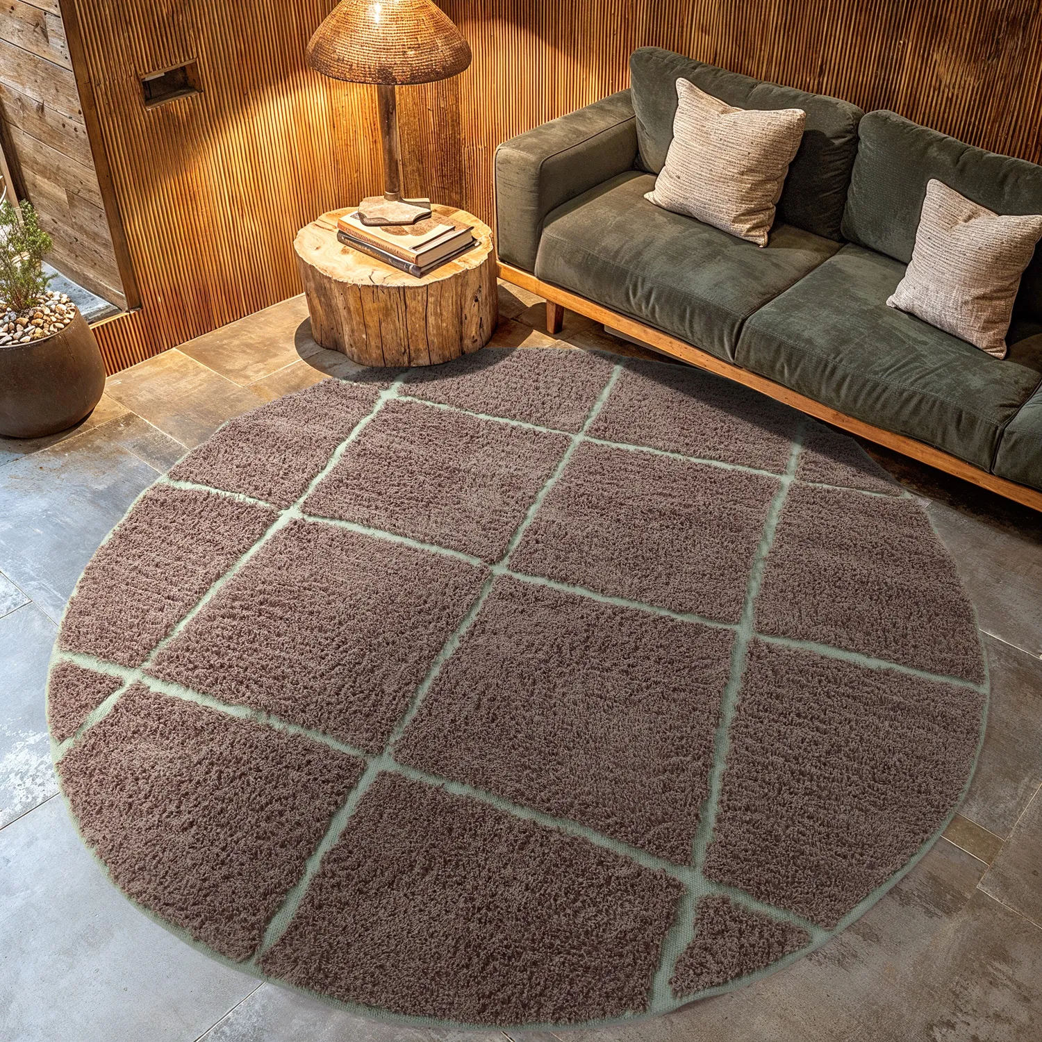 Runde Teppiche - Bellevue Natural Cotton Shaggy (taupe/grün)