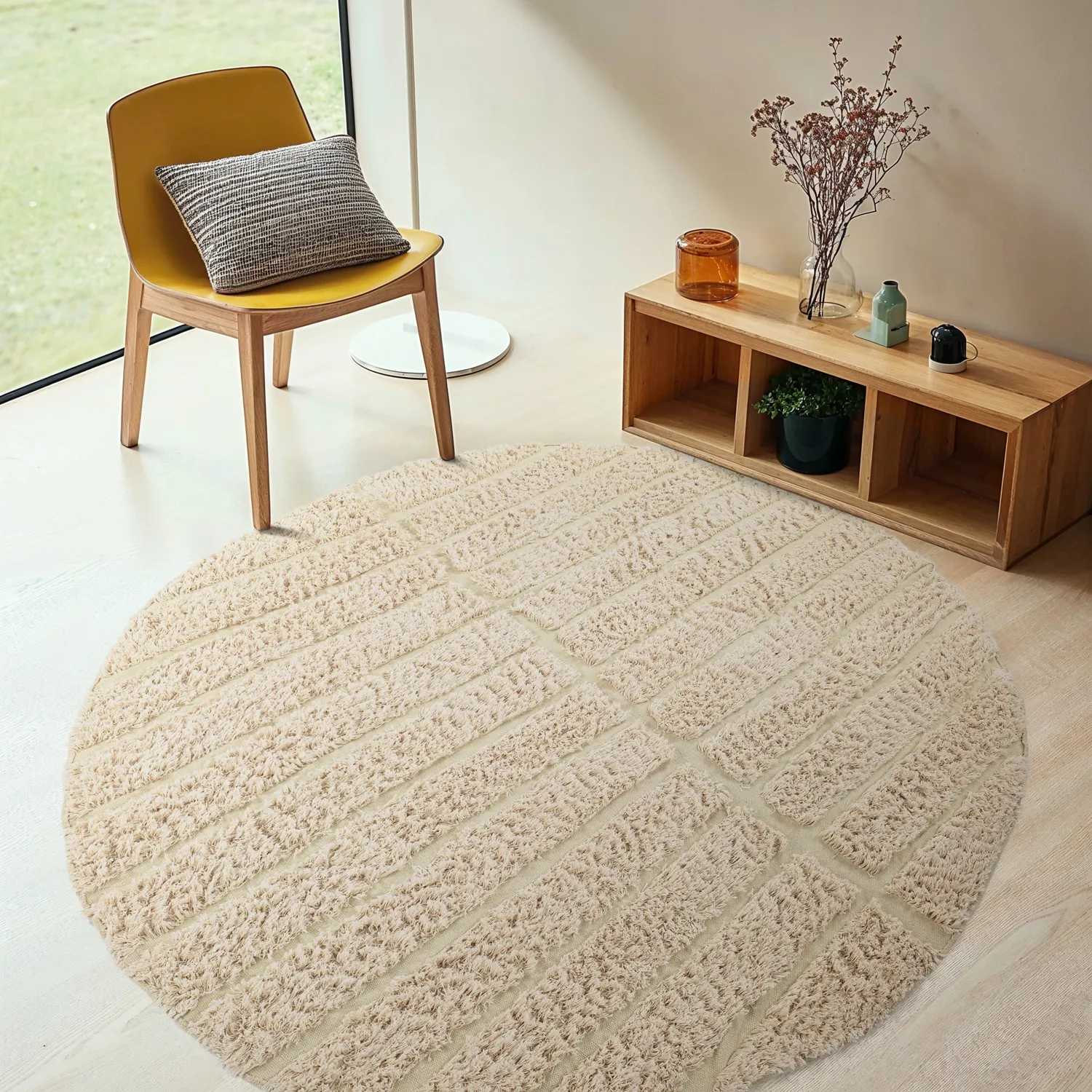 Rund Teppich - Ikara Natural Cotton Shaggy (creme)