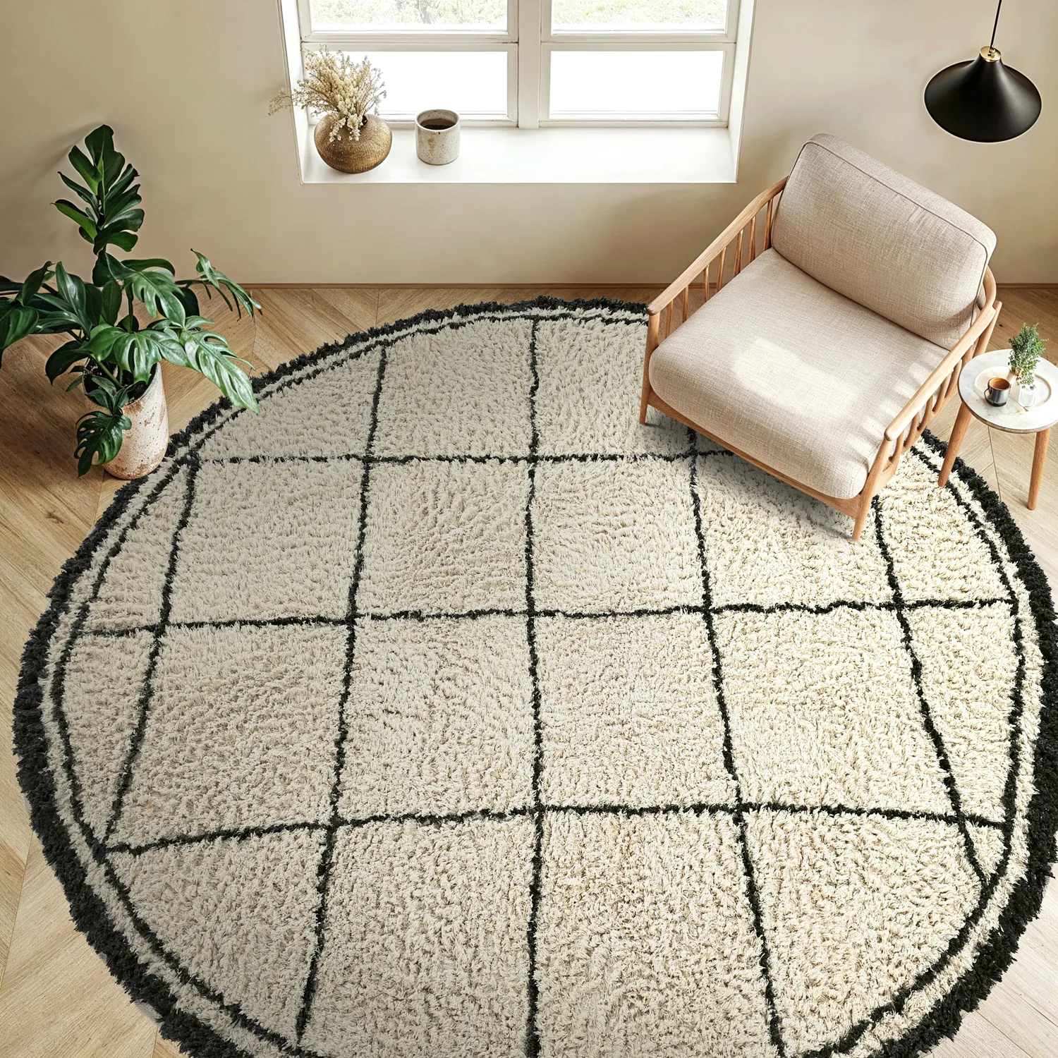 Rund Teppich - Lana Natural Cotton Shaggy (creme/dunkelgrau)