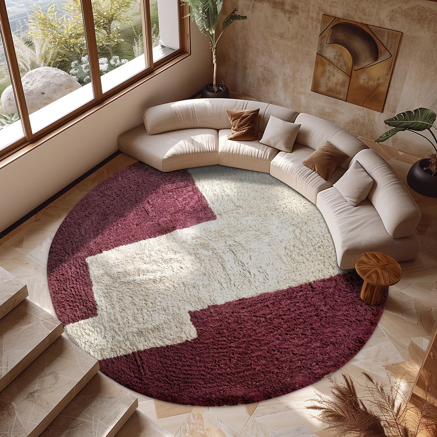 Runde Teppiche - Ricco Natural Cotton Shaggy (offwhite/Burgund)