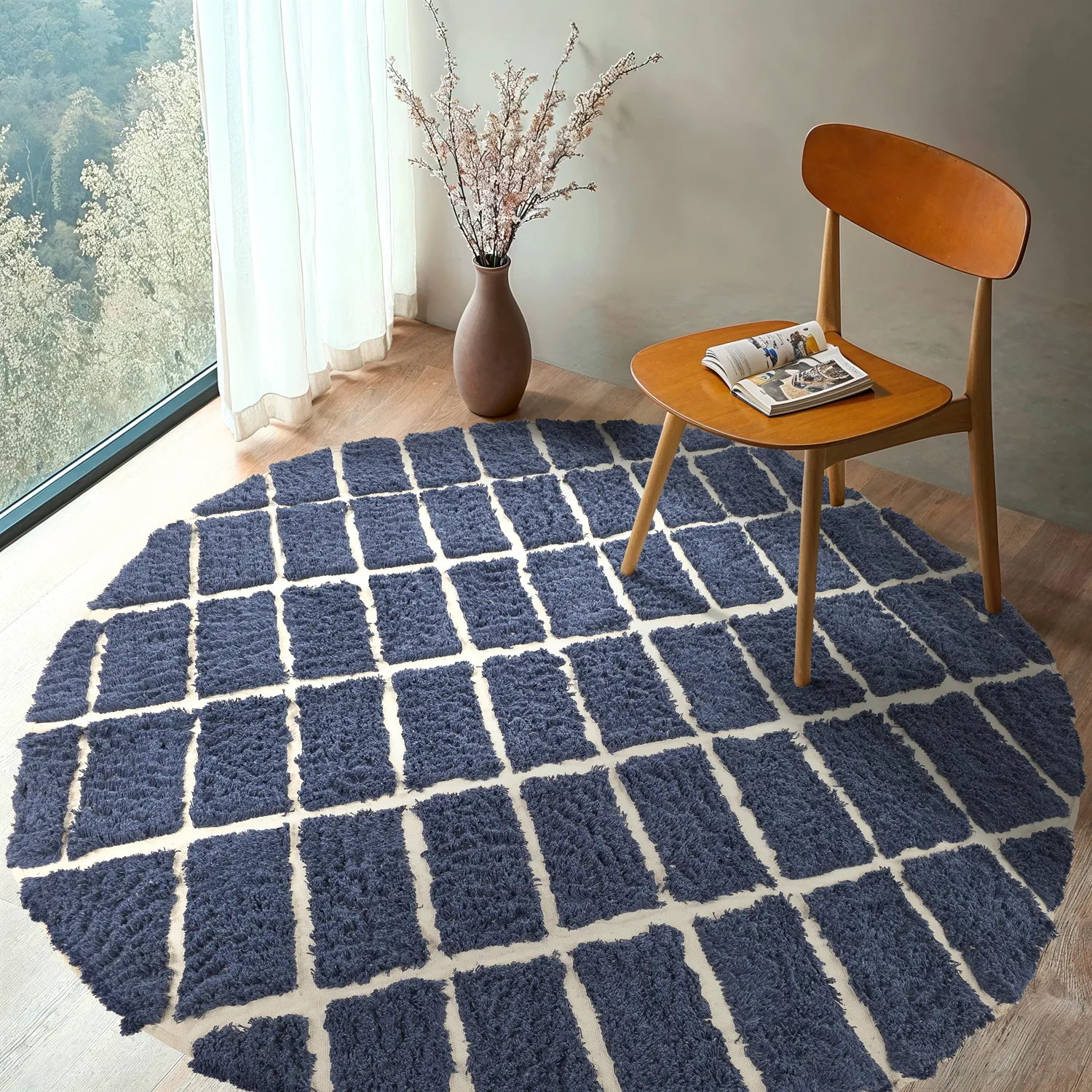 Rund Teppich - Zola Natural Cotton Shaggy (blau)