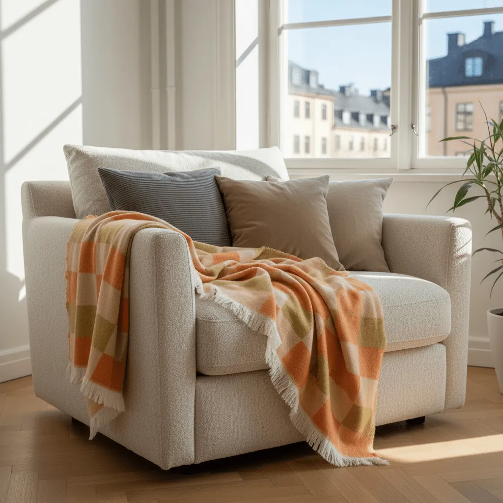 Decken - Wolldecke im Mischgewebe - Audrey Check (beige/gelb/orange)