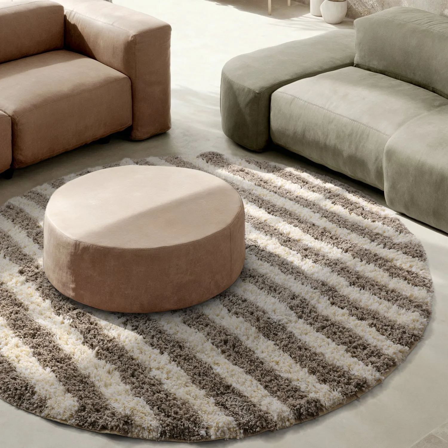 Rund Teppich - Thira Stripe Cotton Shaggy (creme/taupe)