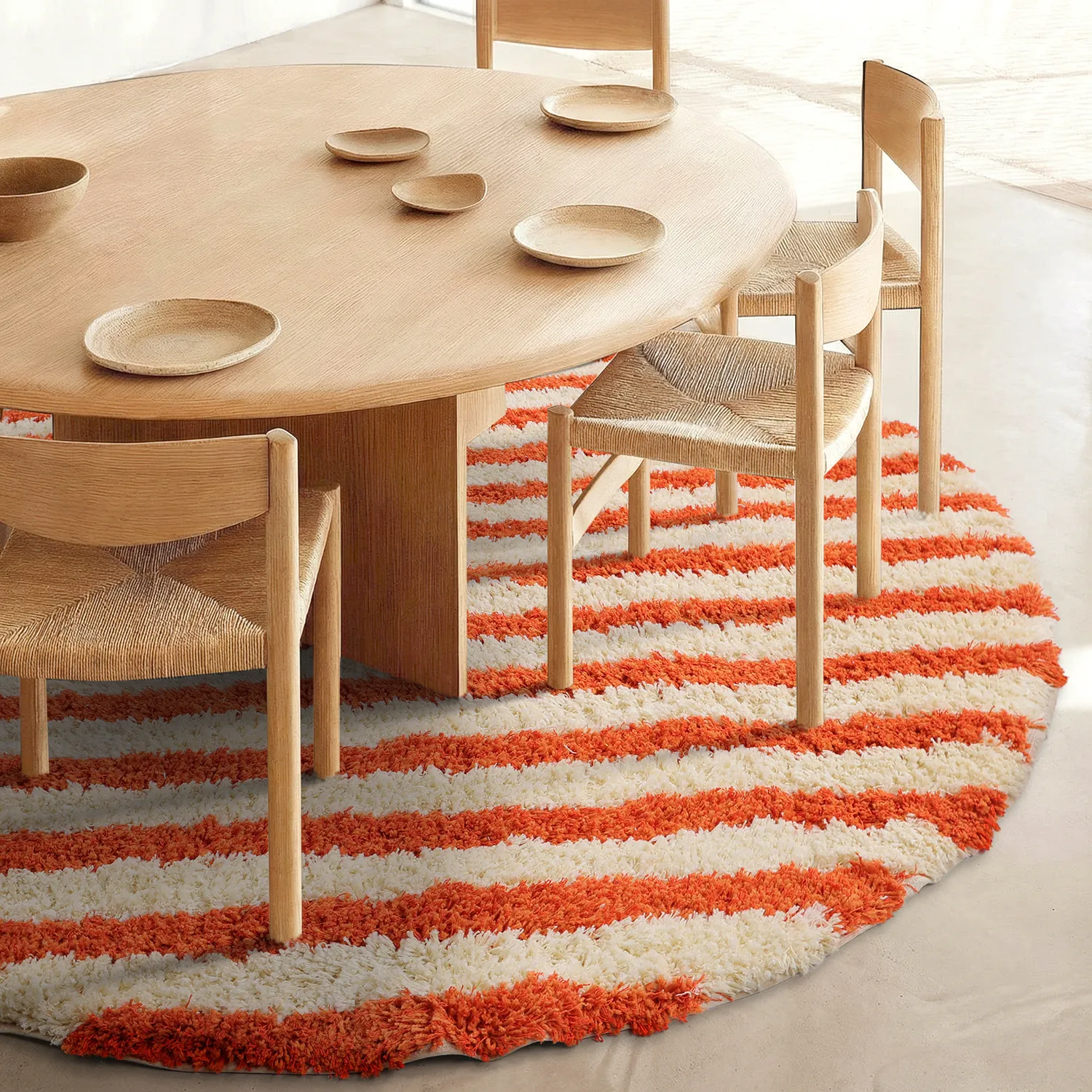 Rund Teppich - Thira Stripe Cotton Shaggy (hellgelb/hellorange)