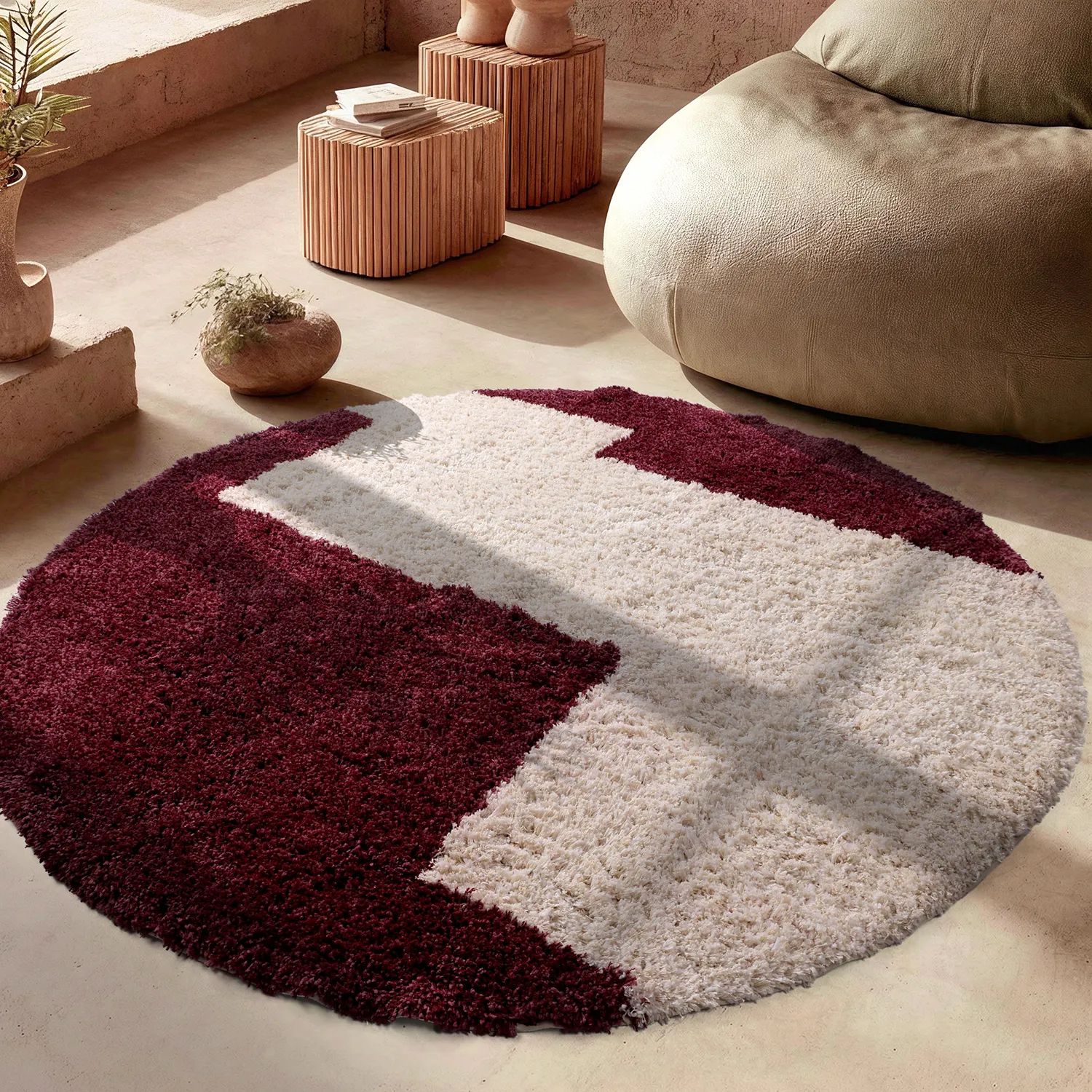 Rund Teppich - Begur Natural Cotton Shaggy (offwhite/burgunder)