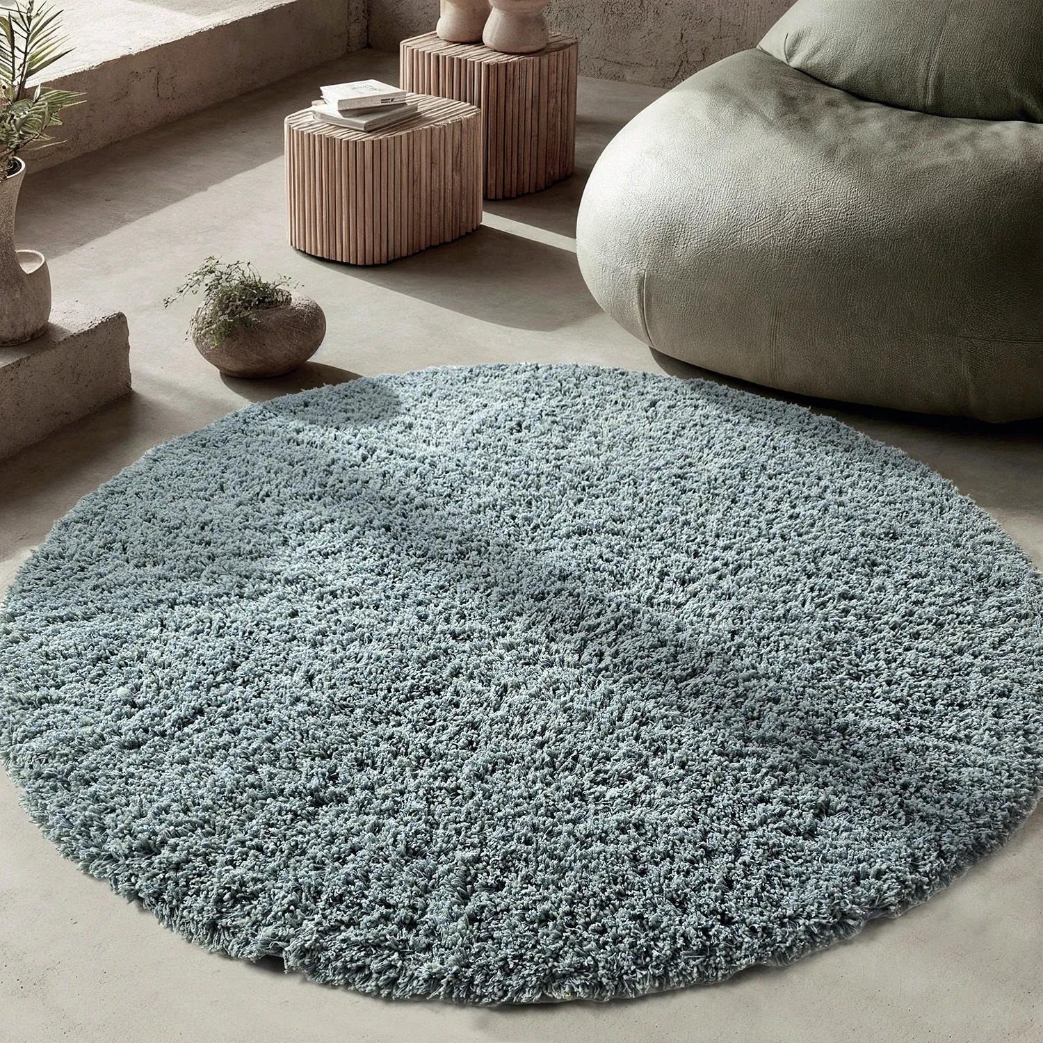 Rund Teppich - Combarro Solid Cotton Shaggy (hellblau)