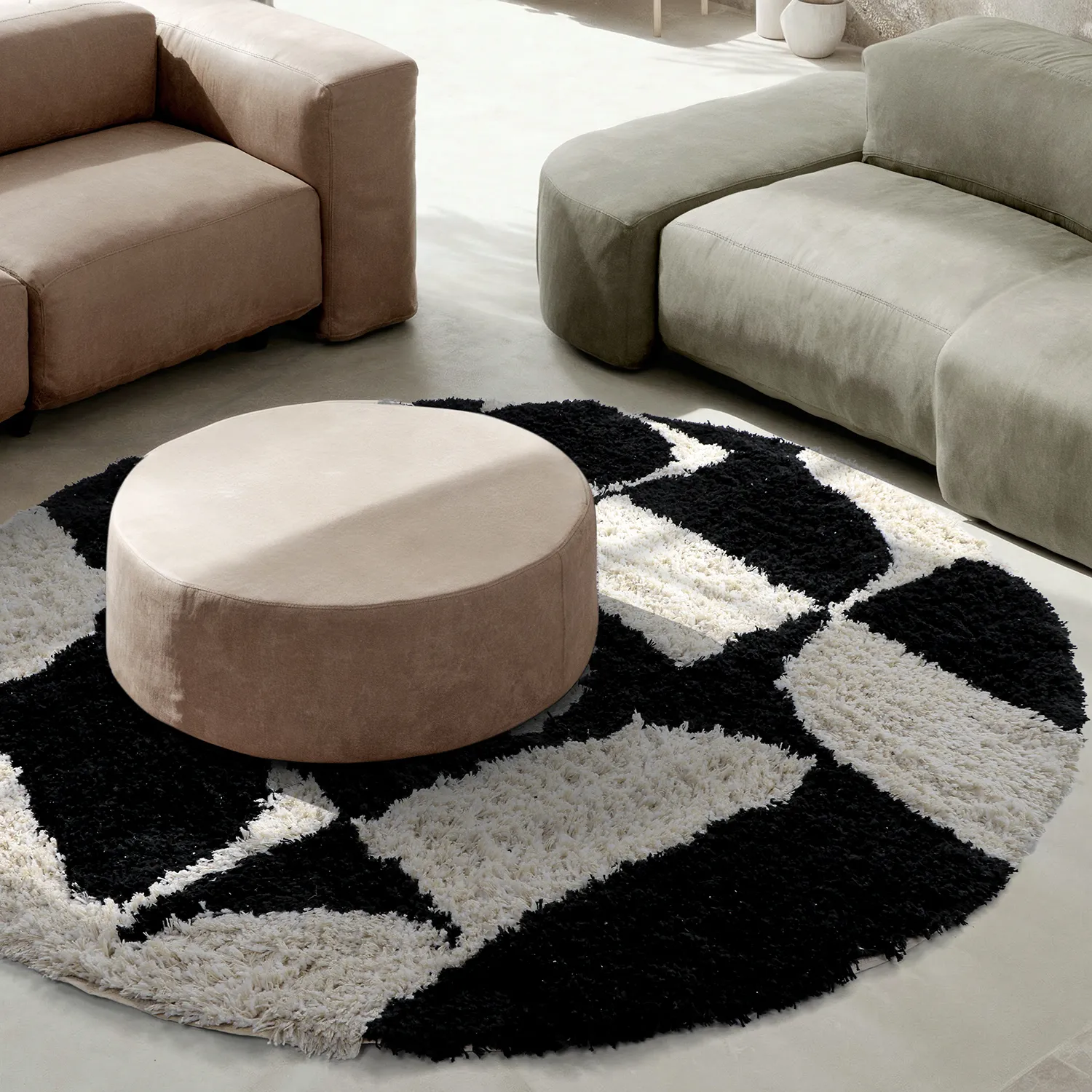 Rund Teppich - Marvao Natural Cotton Shaggy (offwhite/schwarz)