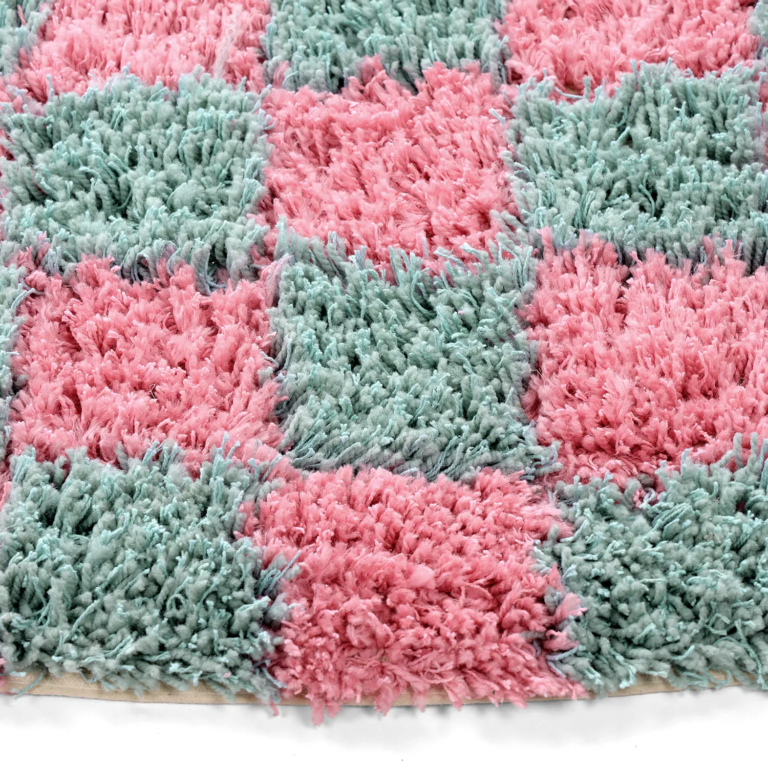 Rund Teppich - Methoni Check Cotton Shaggy (hellblau/hellrosa)