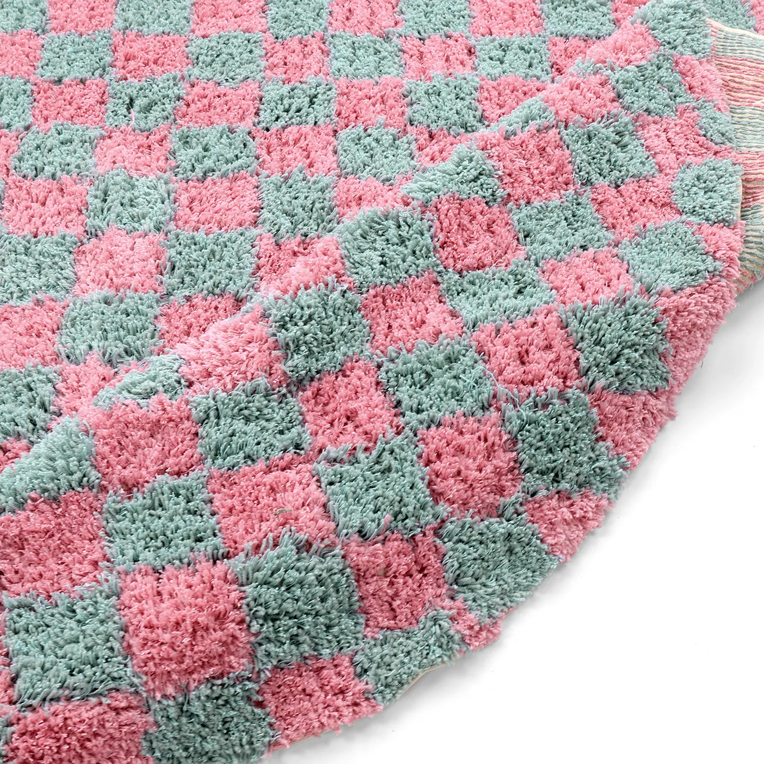 Rund Teppich - Methoni Check Cotton Shaggy (hellblau/hellrosa)