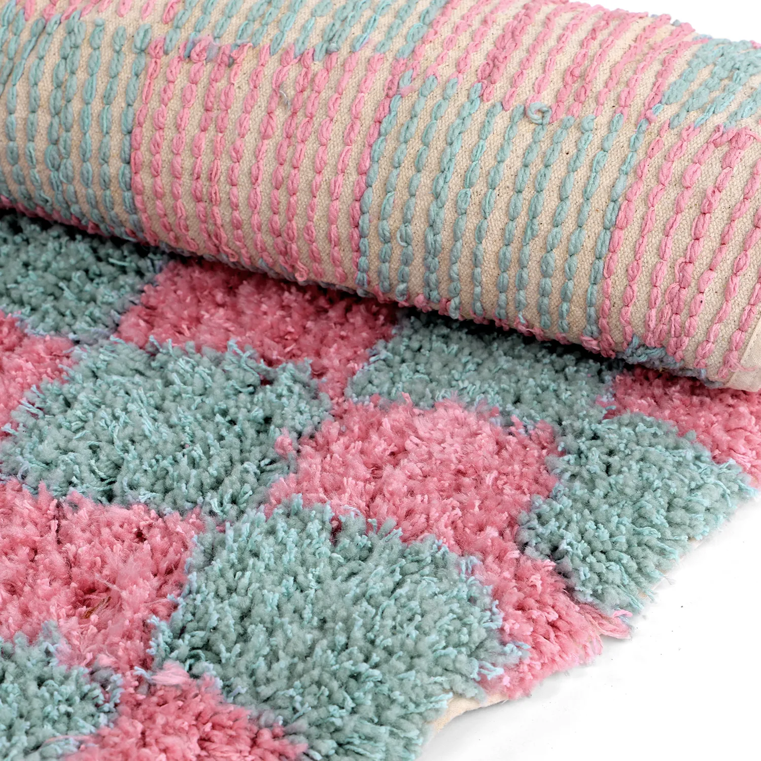 Rund Teppich - Methoni Check Cotton Shaggy (hellblau/hellrosa)