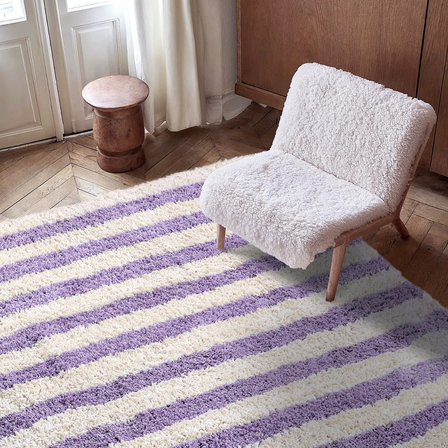 Hochflorteppiche - Thira Stripe Cotton Shaggy (creme/hellviolett)
