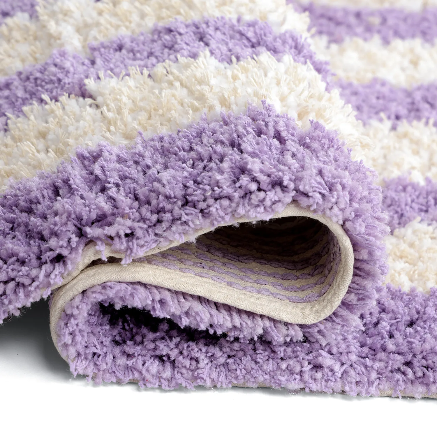 Hochflorteppiche - Thira Stripe Cotton Shaggy (creme/hellviolett)