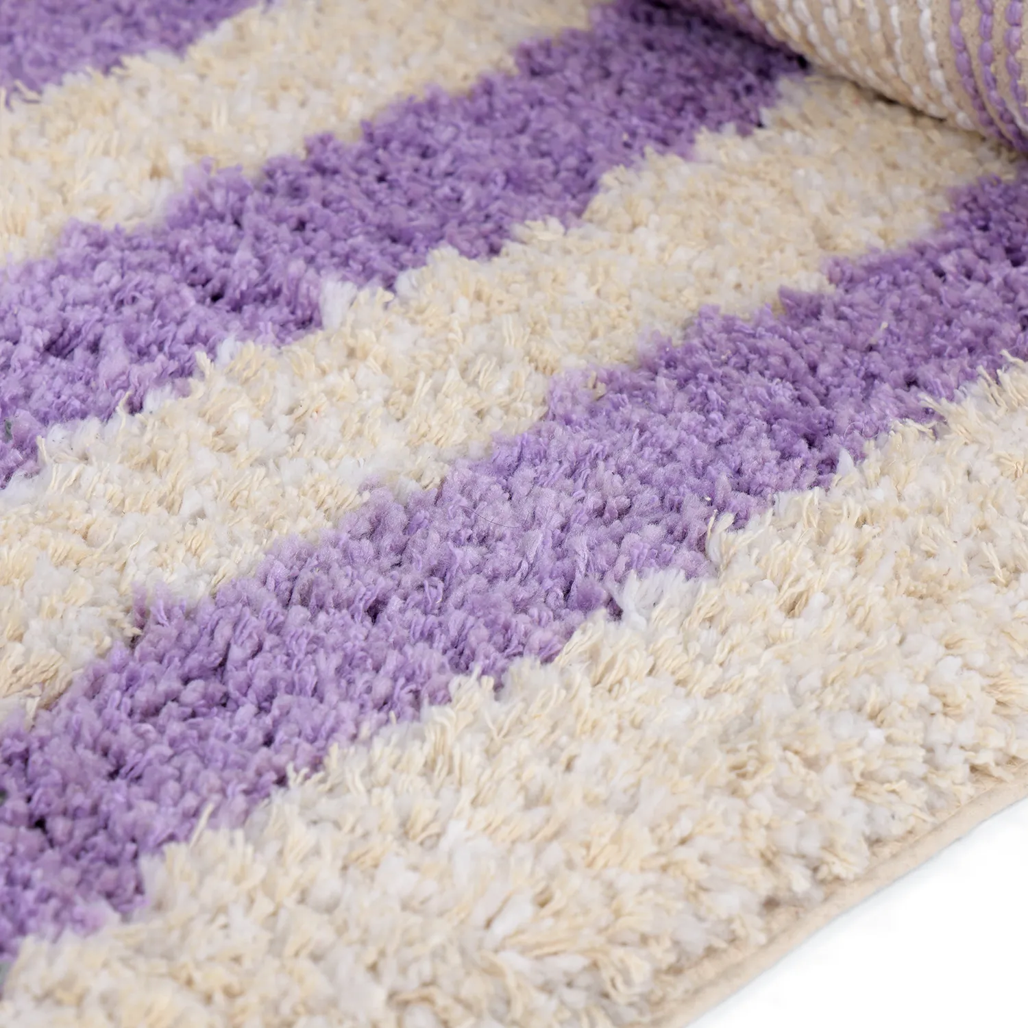 Hochflorteppiche - Thira Stripe Cotton Shaggy (creme/hellviolett)