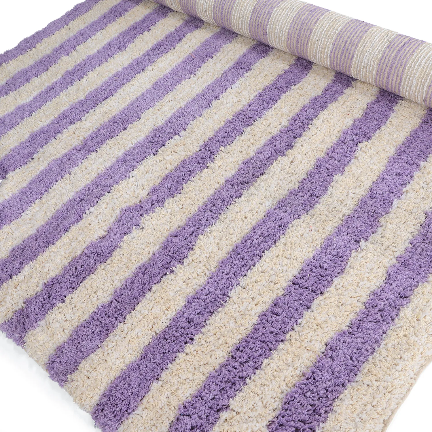 Hochflorteppiche - Thira Stripe Cotton Shaggy (creme/hellviolett)