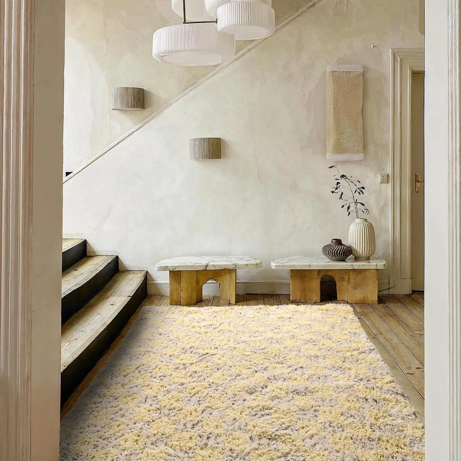Hochflorteppiche - Methoni Check Cotton Shaggy (creme/hellgelb)