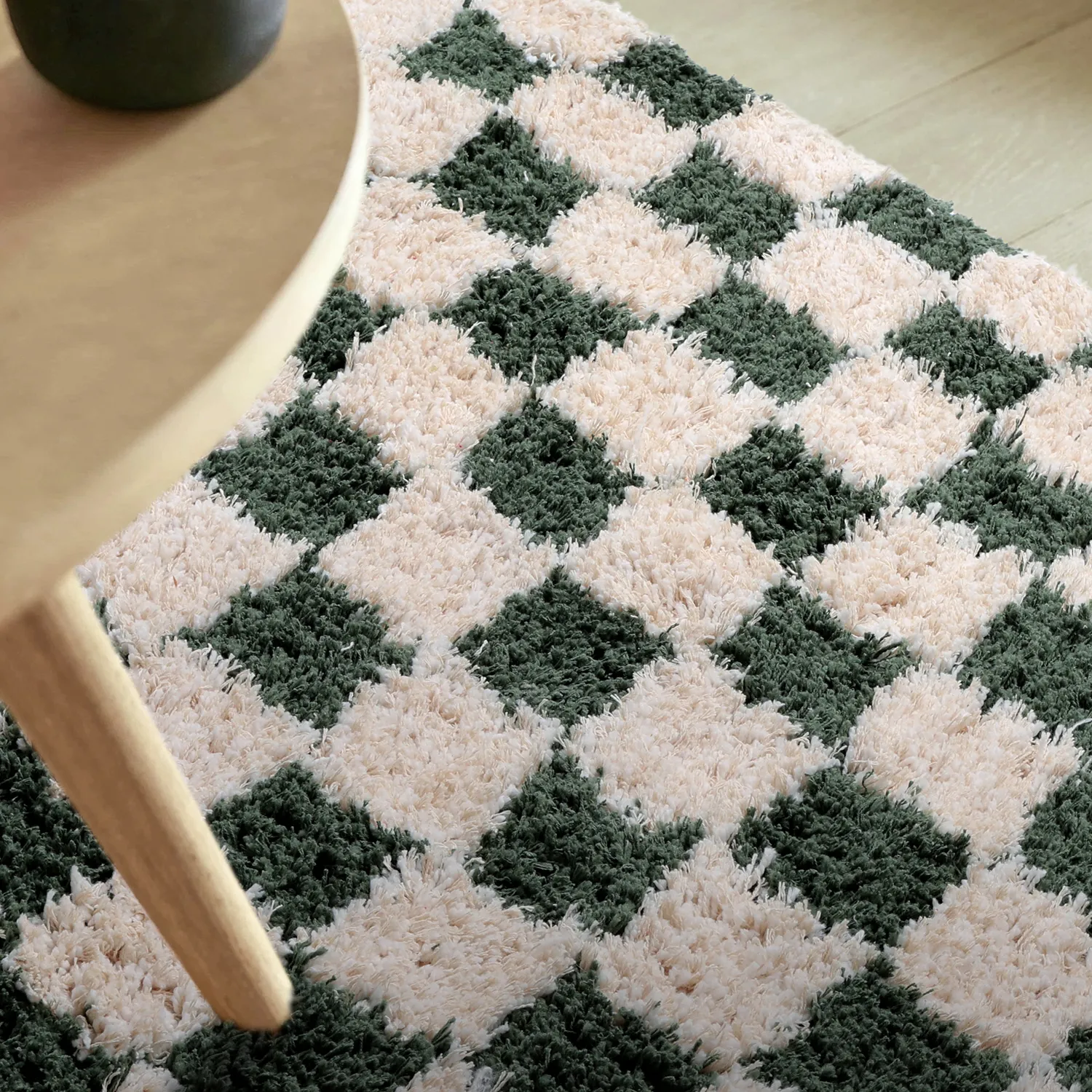 Hochflorteppiche - Methoni Check Cotton Shaggy (creme/grün)