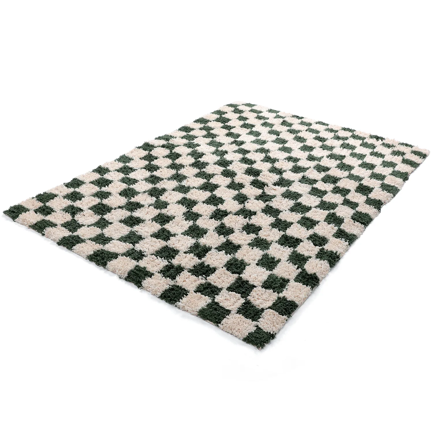 Hochflorteppiche - Methoni Check Cotton Shaggy (creme/grün)