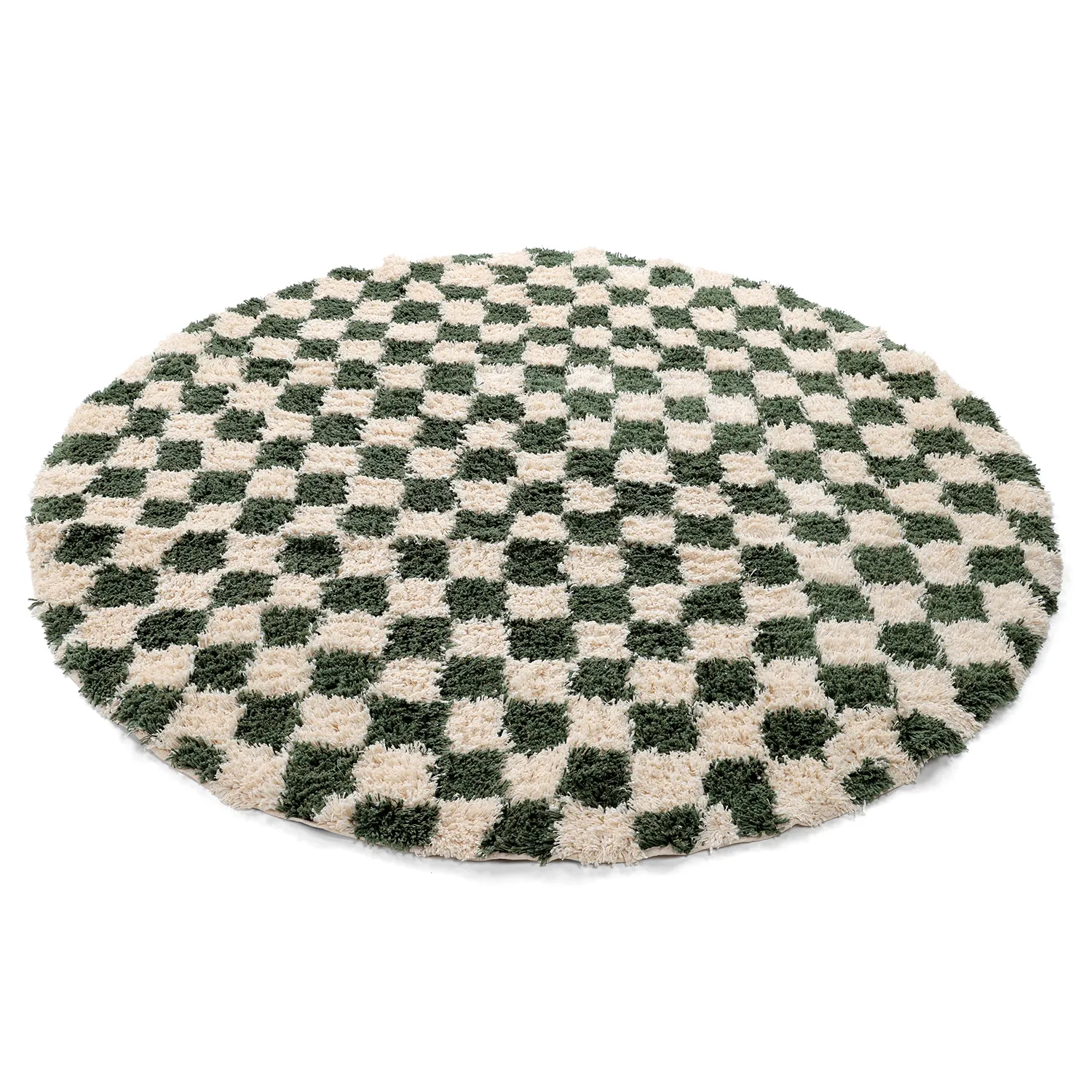Rund Teppich - Methoni Check Cotton Shaggy (creme/grün)