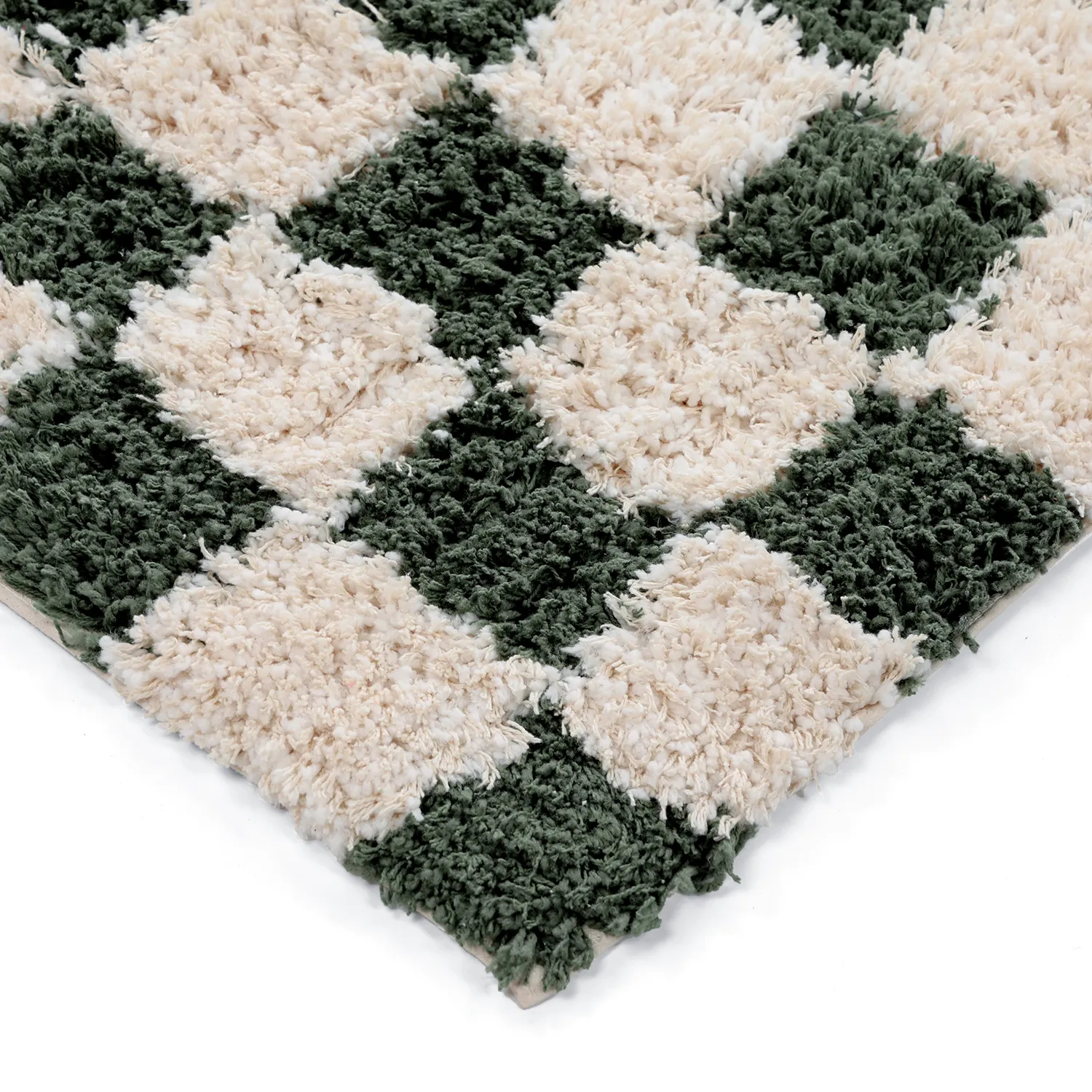 Hochflorteppiche - Methoni Check Cotton Shaggy (creme/grün)