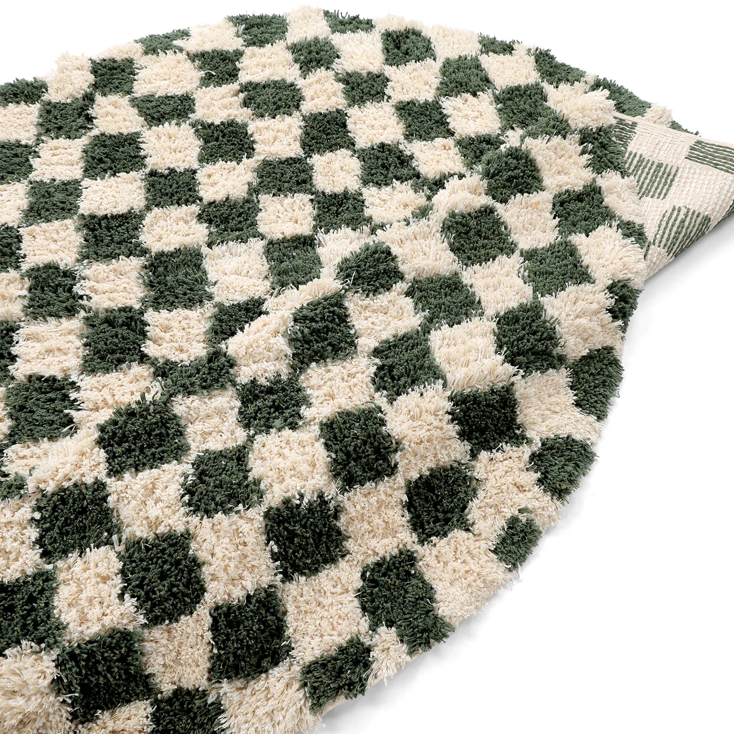Rund Teppich - Methoni Check Cotton Shaggy (creme/grün)