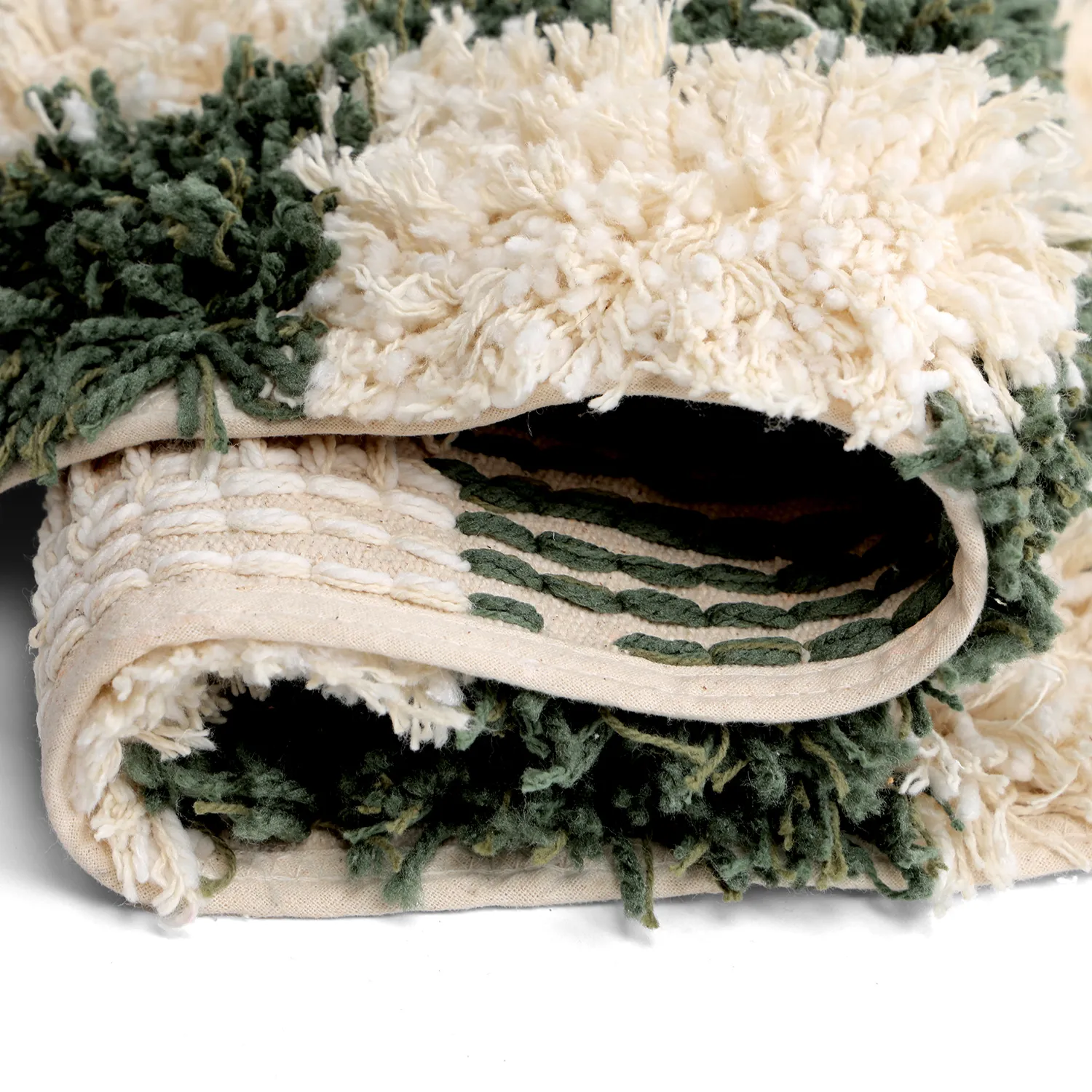 Rund Teppich - Methoni Check Cotton Shaggy (creme/grün)
