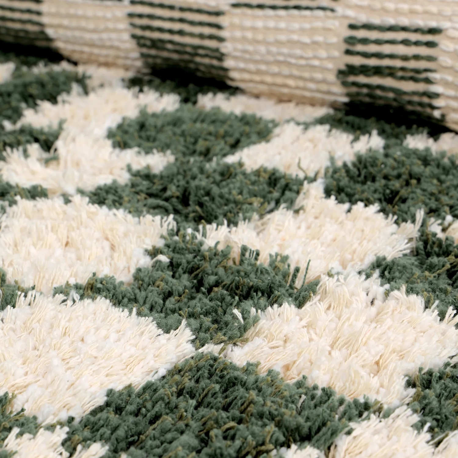 Rund Teppich - Methoni Check Cotton Shaggy (creme/grün)