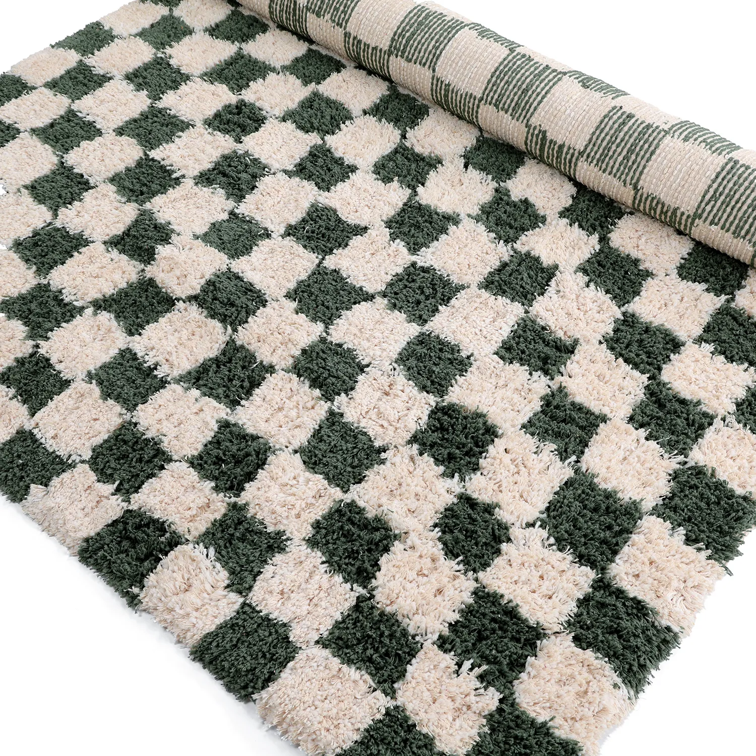Hochflorteppiche - Methoni Check Cotton Shaggy (creme/grün)