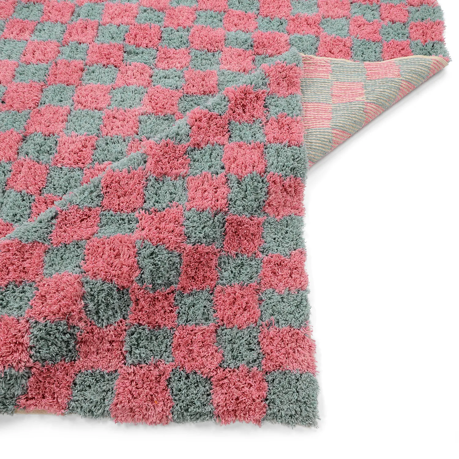 Hochflorteppiche - Methoni Check Cotton Shaggy (hellblau/hellrosa)