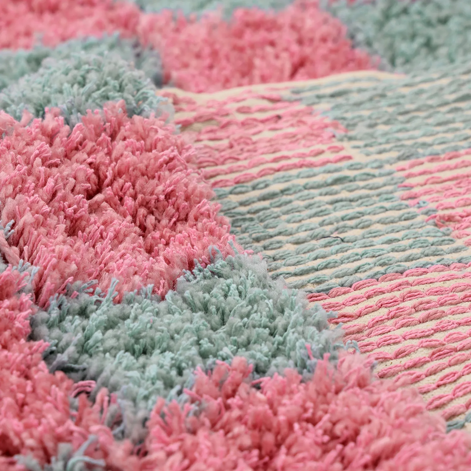 Hochflorteppiche - Methoni Check Cotton Shaggy (hellblau/hellrosa)