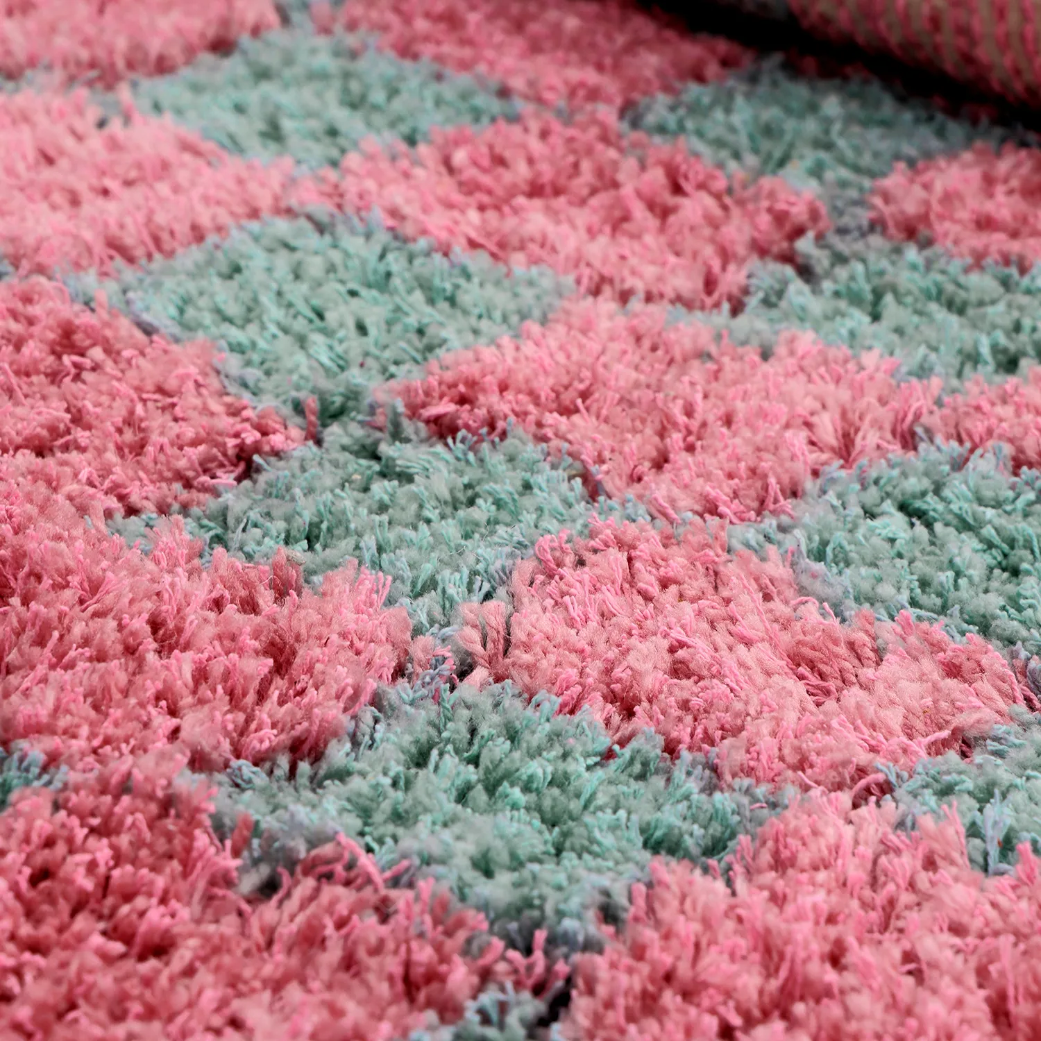 Hochflorteppiche - Methoni Check Cotton Shaggy (hellblau/hellrosa)