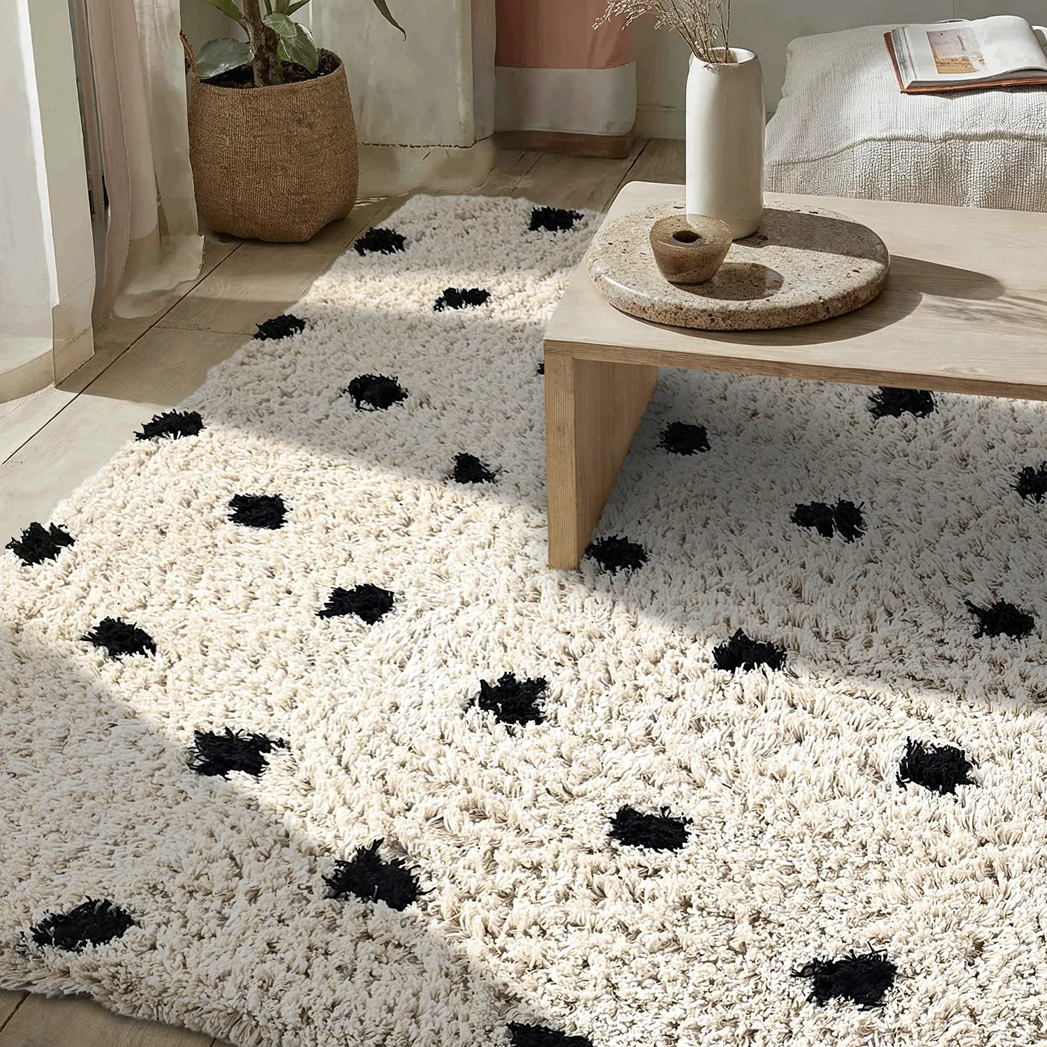 Hochflorteppiche - Soria Natural Cotton Shaggy (offwhite/schwarz)