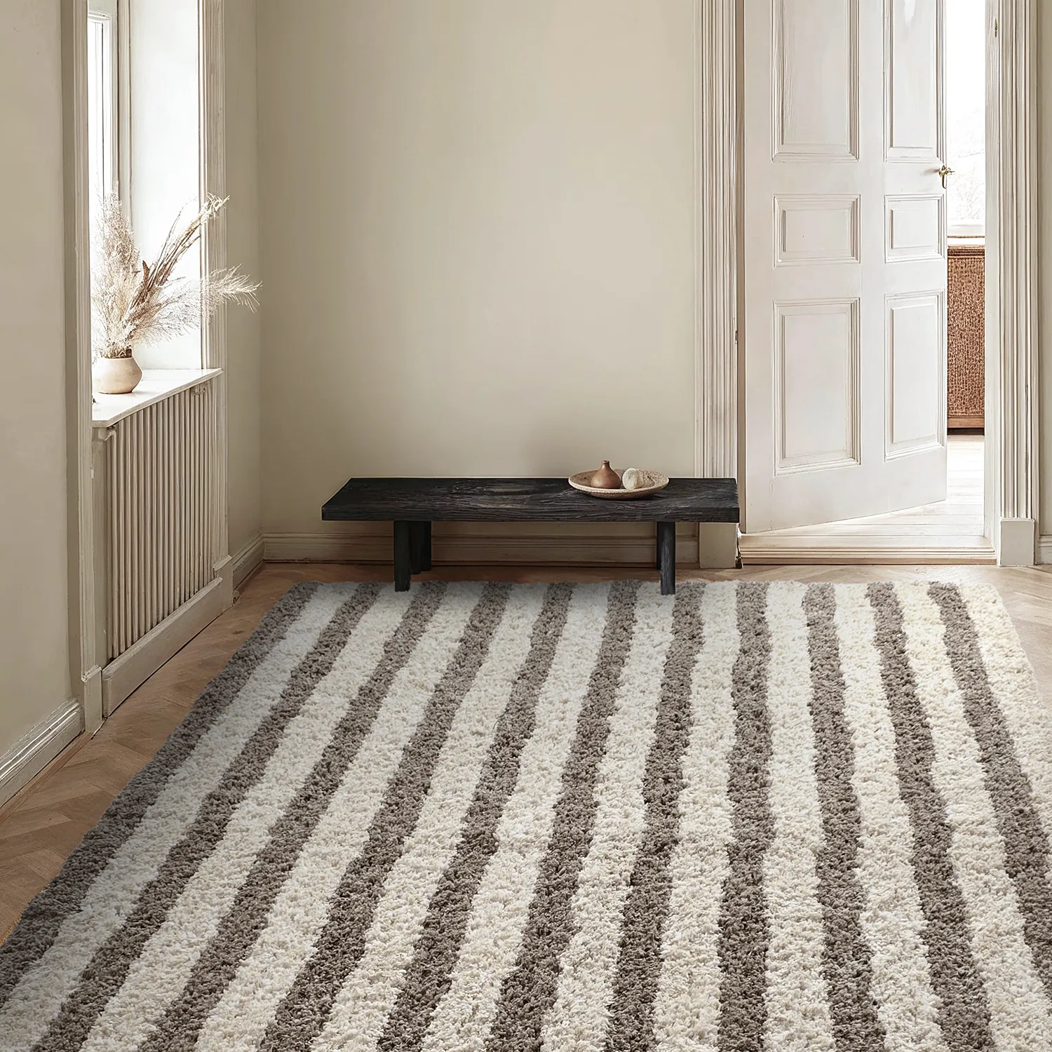 Hochflorteppiche - Thira Stripe Cotton Shaggy (creme/taupe)