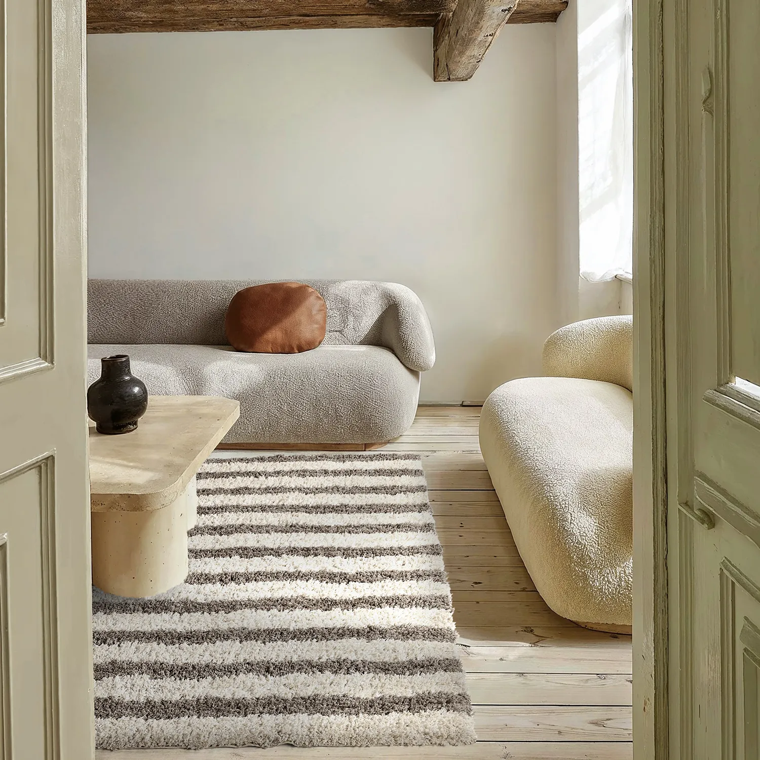 Hochflorteppiche - Thira Stripe Cotton Shaggy (creme/taupe)