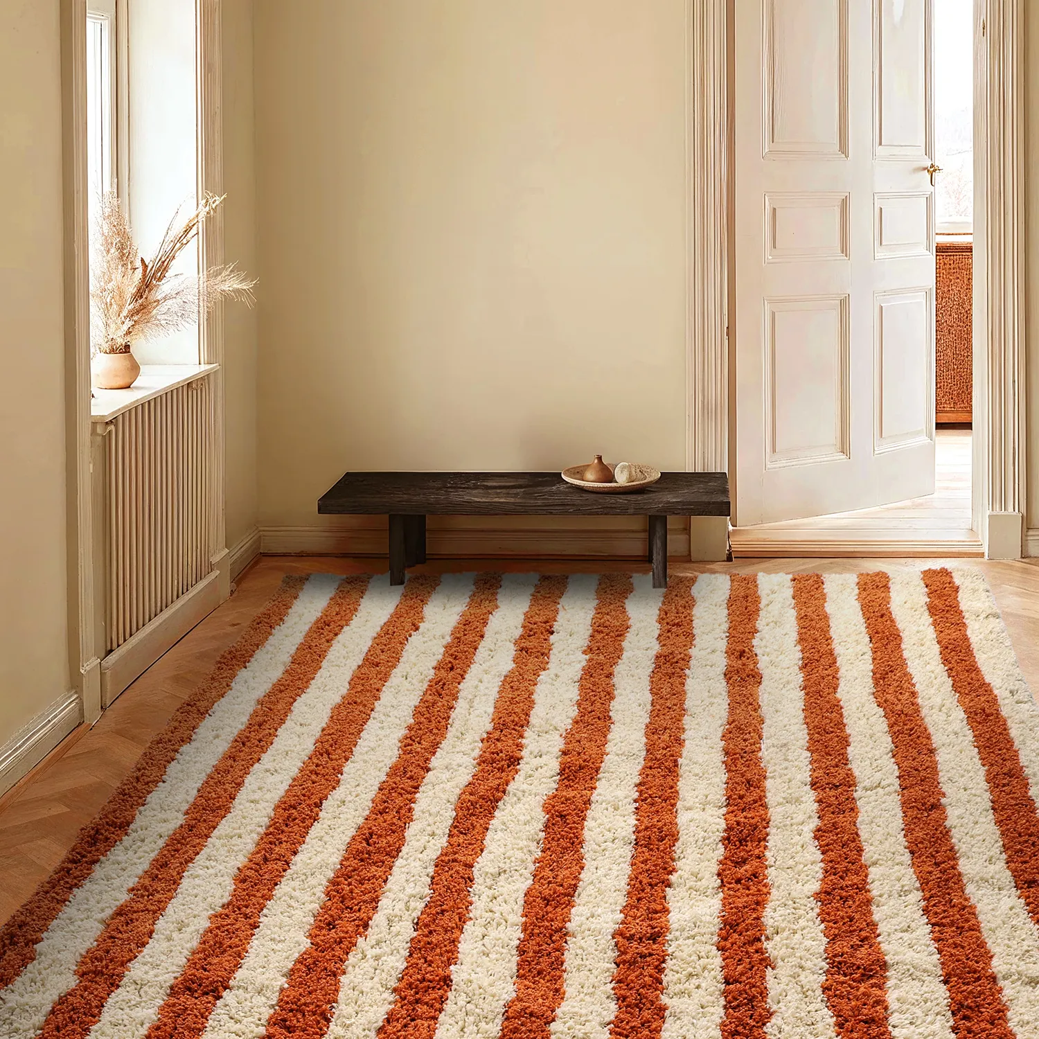Hochflorteppiche - Thira Stripe Cotton Shaggy (hellgelb/hellorange)
