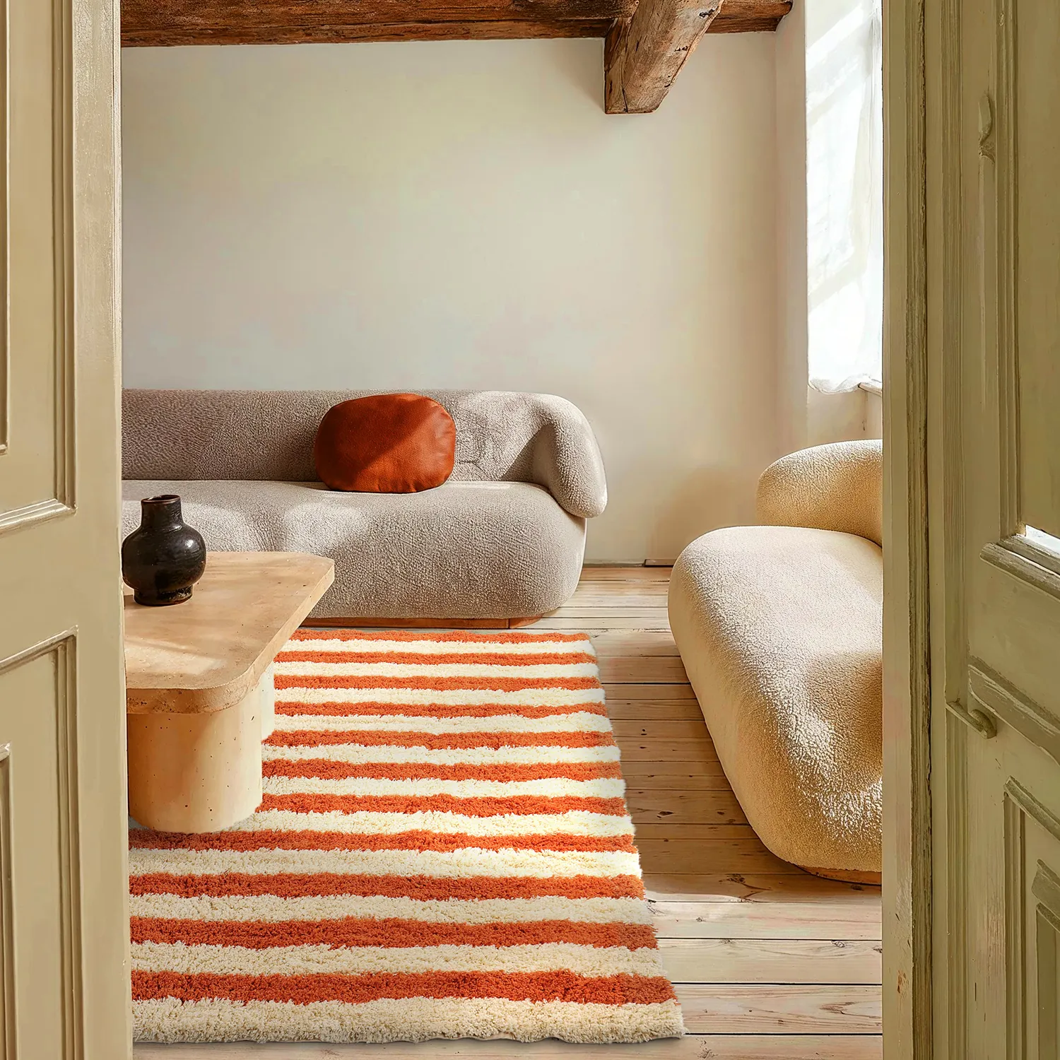 Hochflorteppiche - Thira Stripe Cotton Shaggy (hellgelb/hellorange)