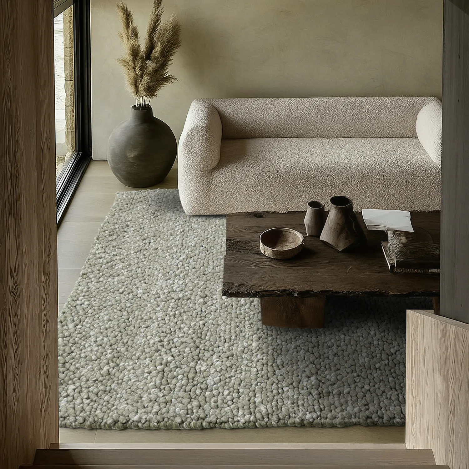 Wollteppich - Sala Irregular Wool Bubble (moosgrün/weiße melange)